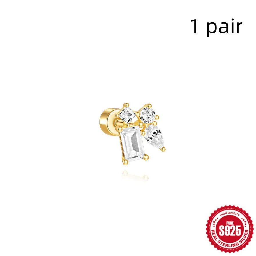 S925 sterling silver flat column thread geometric ear bone stud in a gold tone finish.