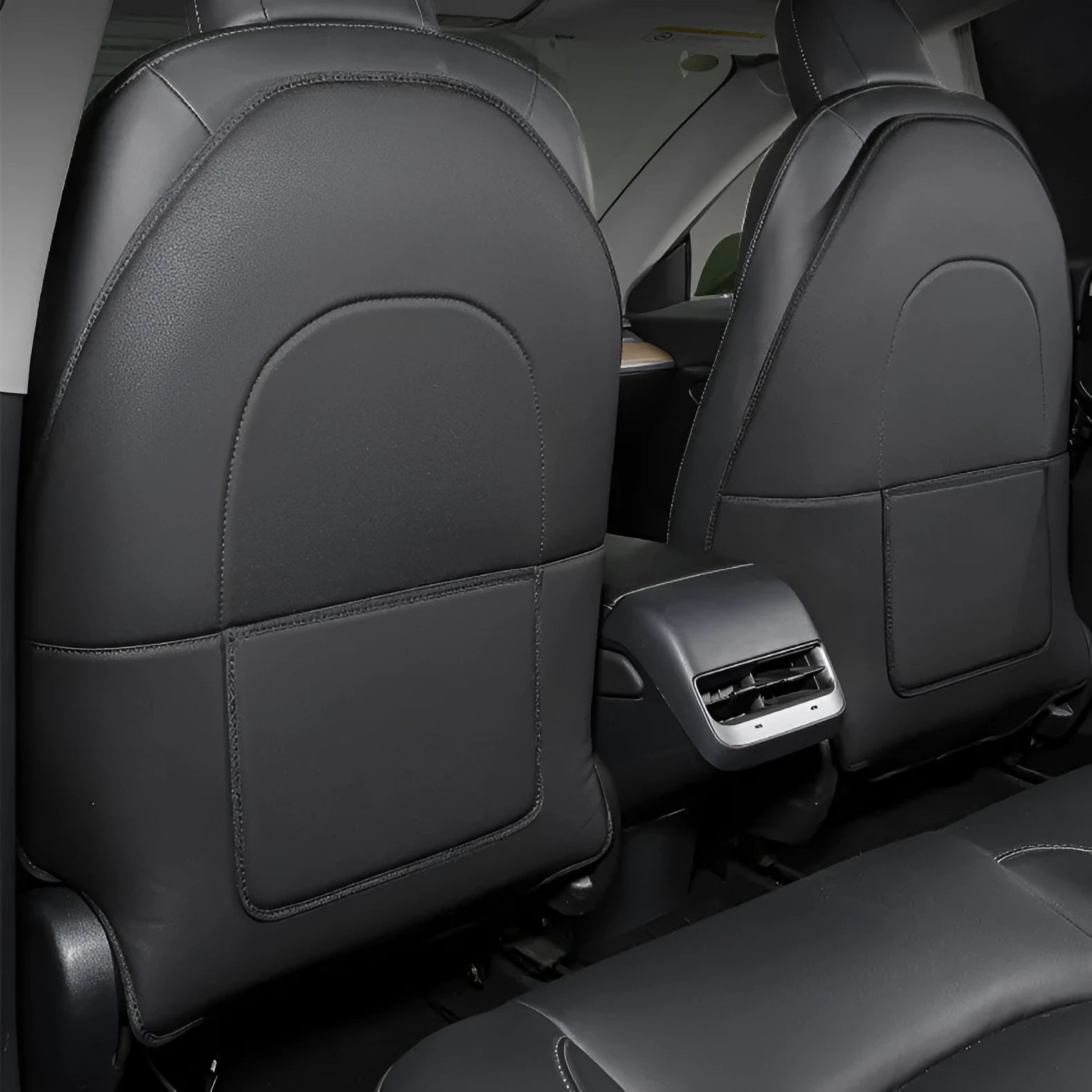Black leather motorcycle anti kick pad set for seat protection, shown with dimensions.