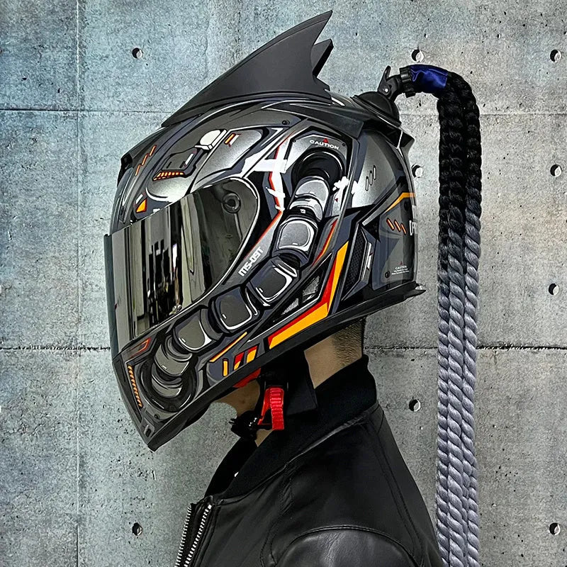 Dirty Braids graphic design full face motorcycle helmet on a white background.