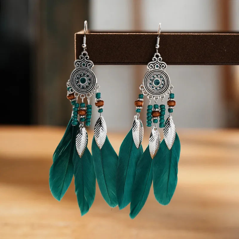 Round drop feather earrings with leaf pattern in Bohemian style, electroplated alloy in various colour options