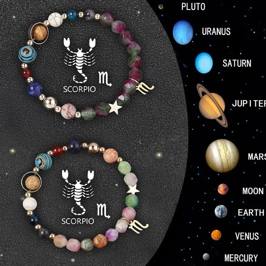 Two adjustable natural stone beaded bracelets showing zodiac sign designs on a neutral background