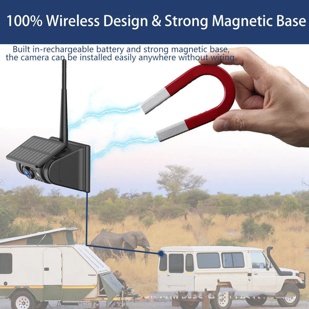 YL-Solar WF908 black wireless solar charging reversing camera with magnet mount on a vehicle.
