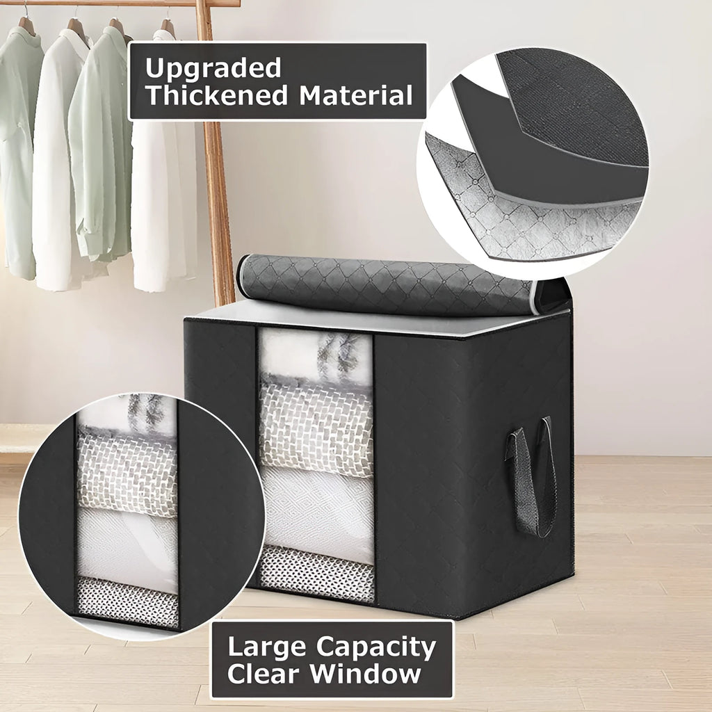 Non-woven handbag-style storage organiser for quilts and clothes in a beige colour.