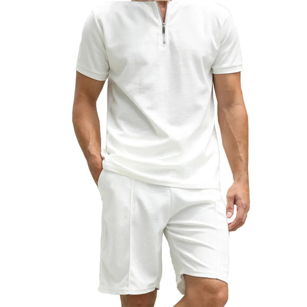 Men's solid colour two-piece polo set with short sleeves and matching trousers
