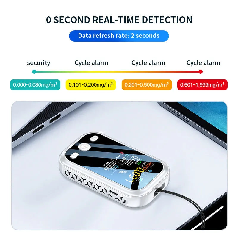 Compact handheld air quality detector measuring air quality, temperature, and humidity in black colour