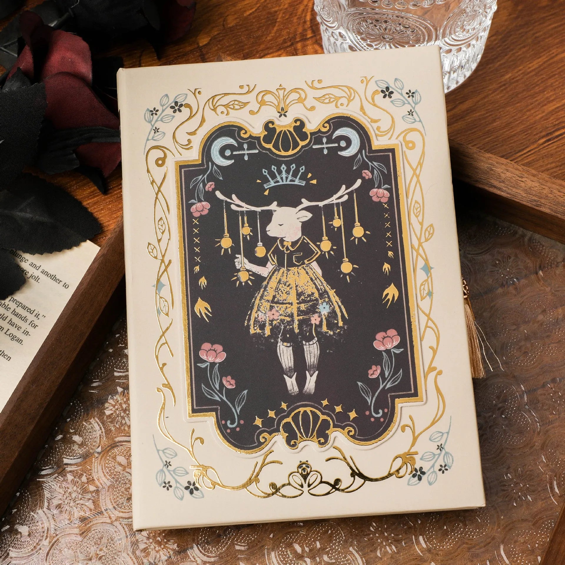 Retro gothic style A5 notebook with hand-drawn art cover designs including maze, forest, and fruit themes