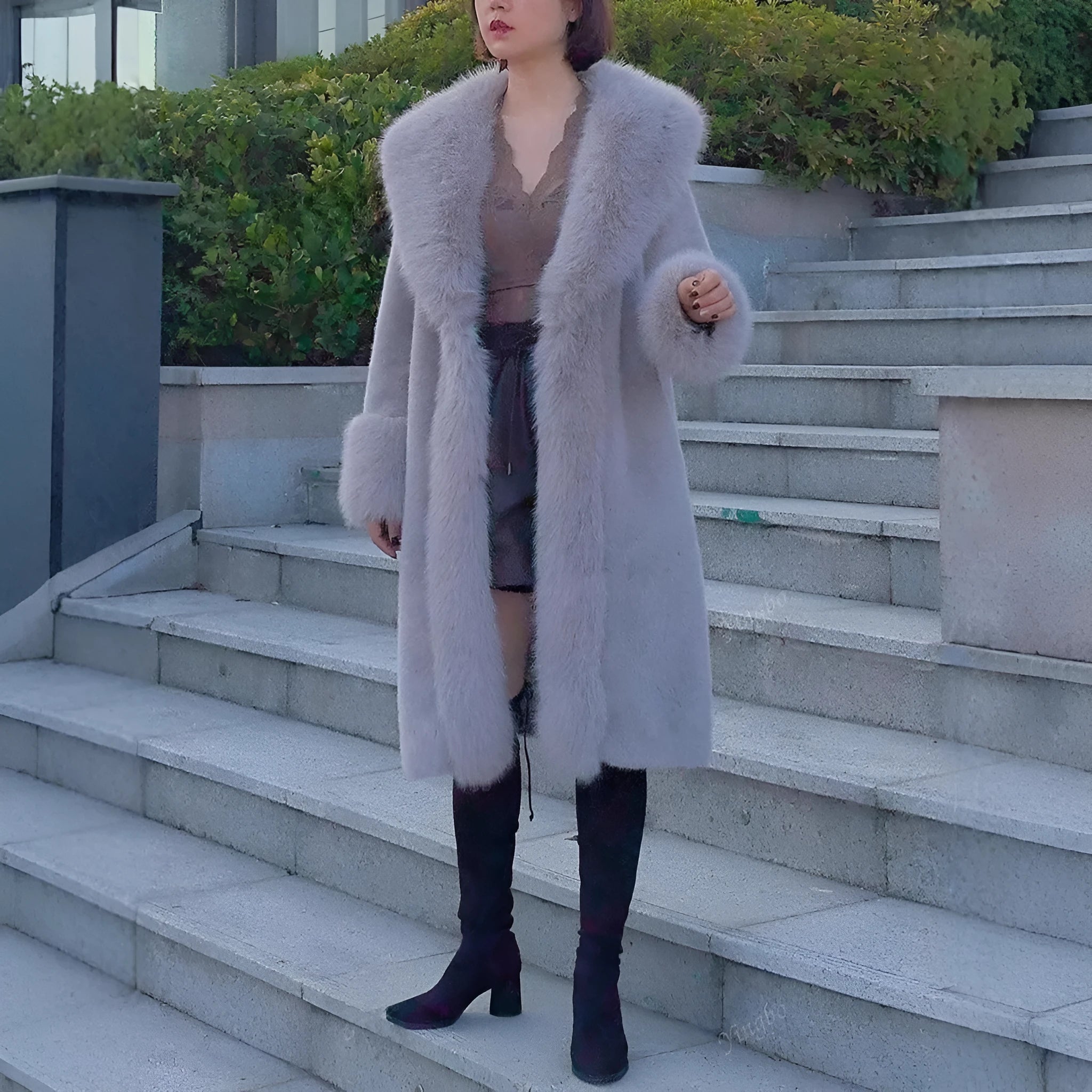 Women's thick grey faux rabbit fur coat with matching collar, mid-length cut