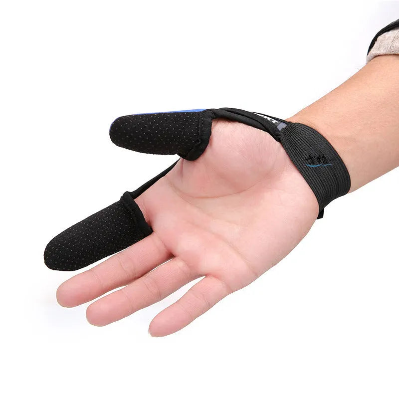 A single two-finger fishing glove showing the diving cloth back and microfiber palm, on a blue background.