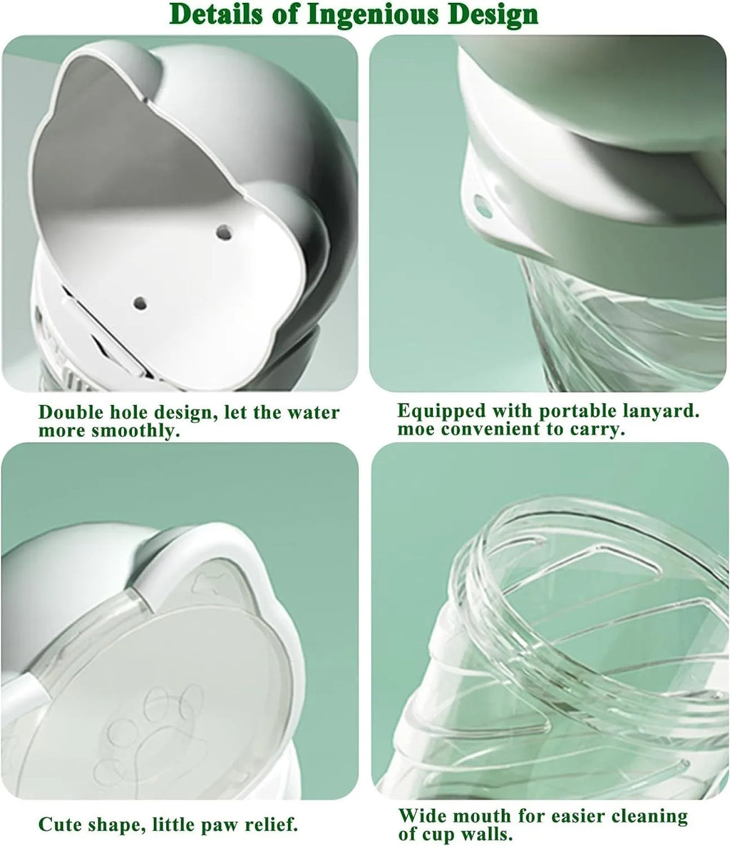 Green pink and white 3 in 1 portable pet water bottle with food container and bag dispenser