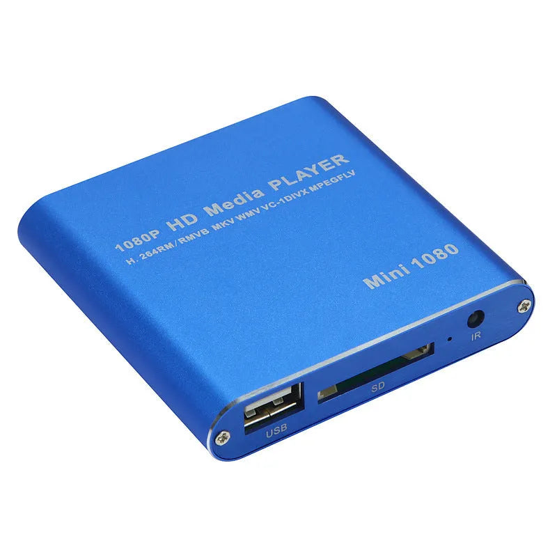 Blue 1080P Full HD media player with HDMI port USB and SD card slots compact metal body