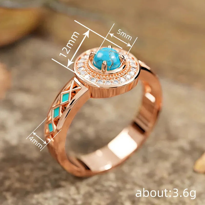 Women's turquoise ethnic geometric copper ring with rose gold finish and square design