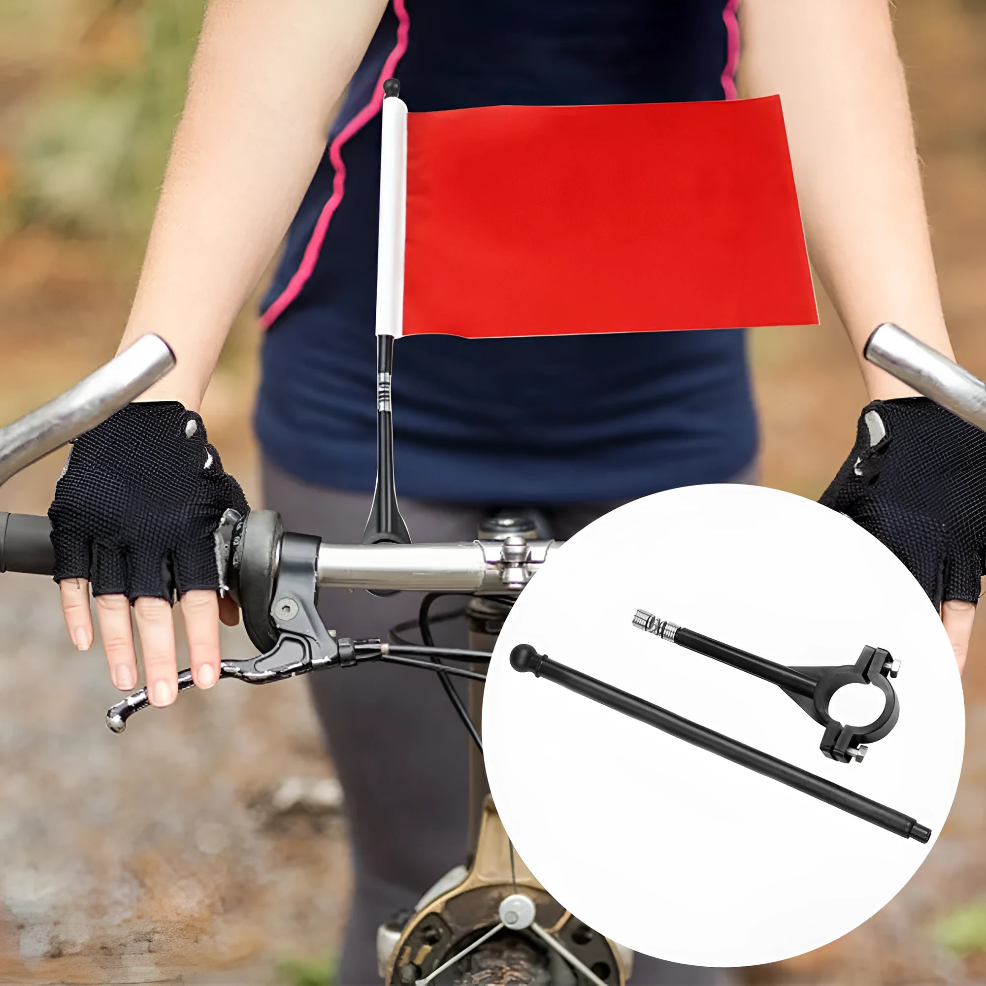 Plastic handlebar pole with attached square polyester cycling flag on a bicycle.