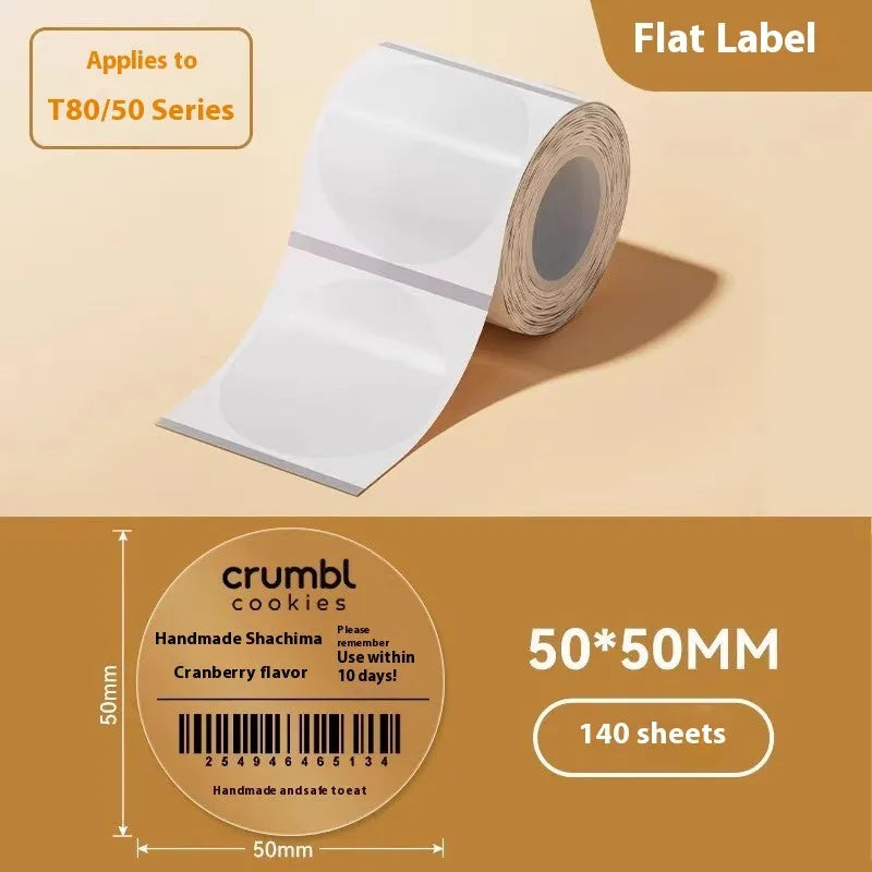 Transparent waterproof adhesive stickers in multiple sizes including rectangular and circular formats on thermal synthetic paper