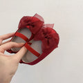 Princess toddler soft bottom pumps in festive red with bow pattern real silk upper elastic band closure