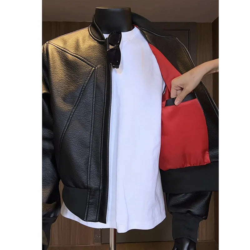 Men's black PU leather jacket with extended 100cm length in tight-fit light business style
