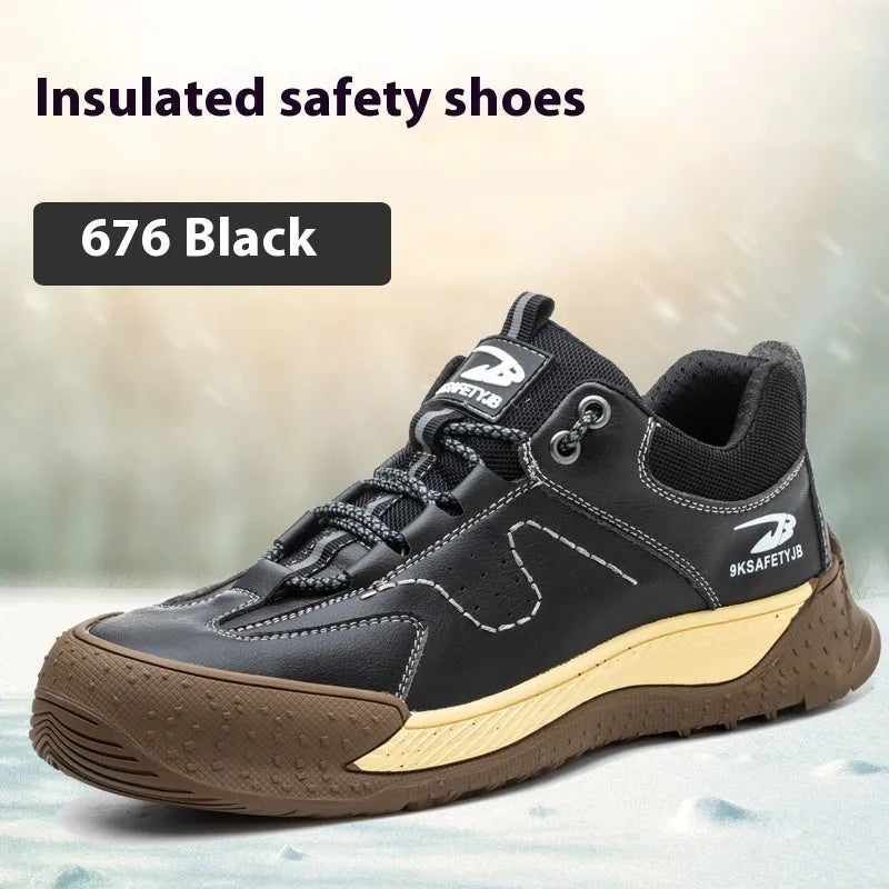 Leather safety work shoes with rubber soles in black, brown, grey, and khaki colours available in sizes 36-46
