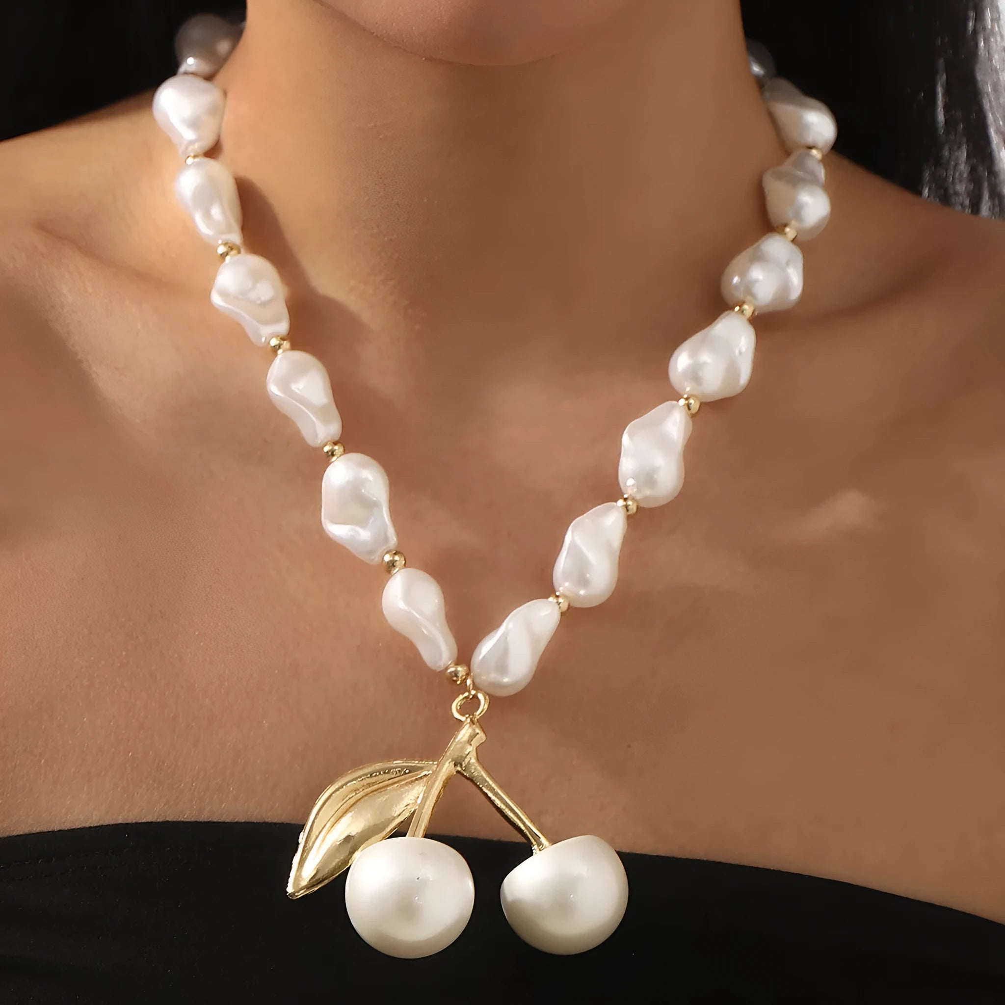 Alloy imitation pearl cherry fruit necklace for women with adjustable 51-60cm length and pearl chain