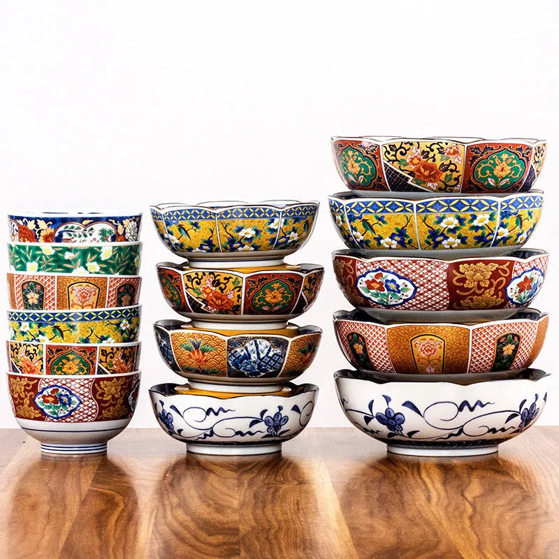 Retro Japanese style porcelain bowls with peony patterns in gold and yellow colours