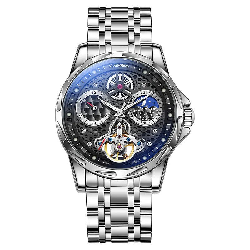Men's waterproof automatic watch with luminous hands on steel bracelet, black dial, 13mm thick