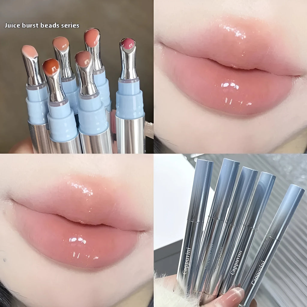Mirror water light lip gloss lipstick showing six translucent shades in compact case.
