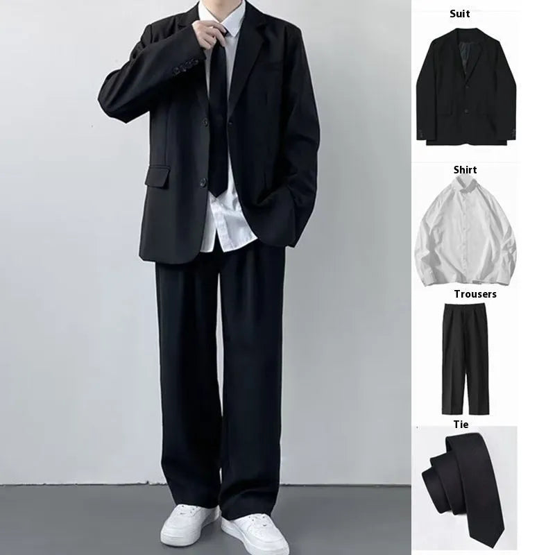 Men's plus size college style suit jacket and trouser set with white shirt and tie in loose fit design