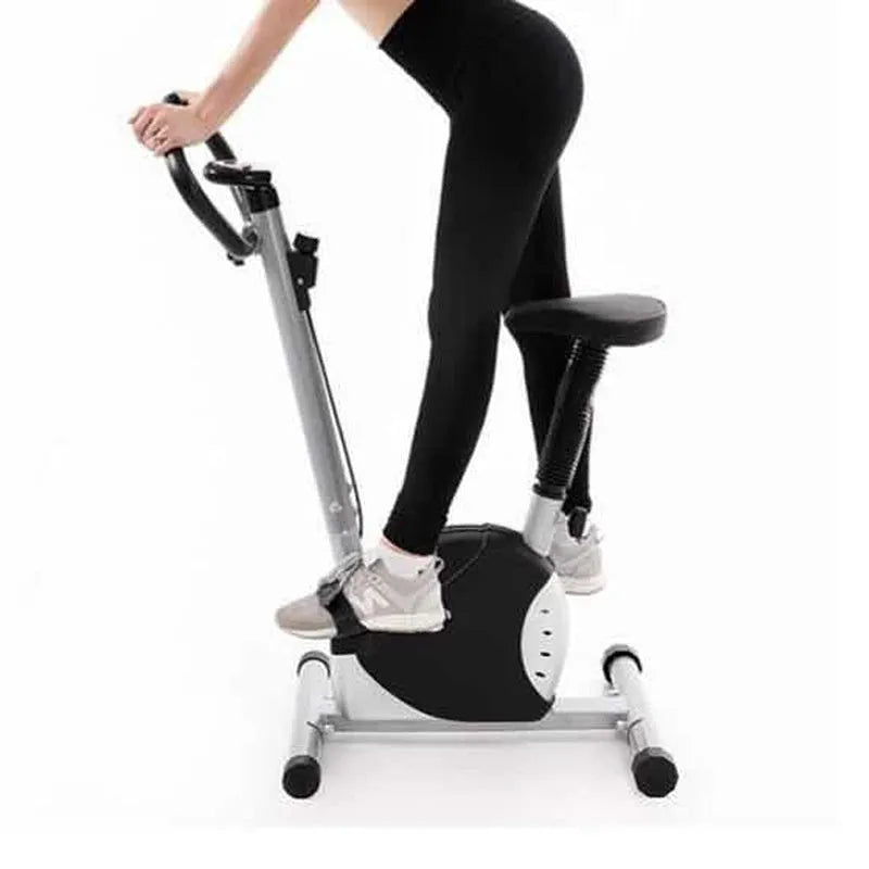Spinning fitness bicycle in black with ribbon resistance handle and display console