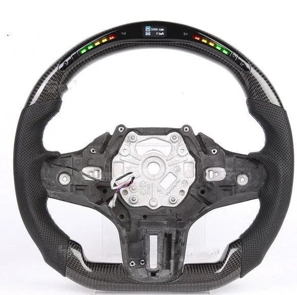 Black carbon fibre BMW sports steering wheel with LED display for X3 X5 models.