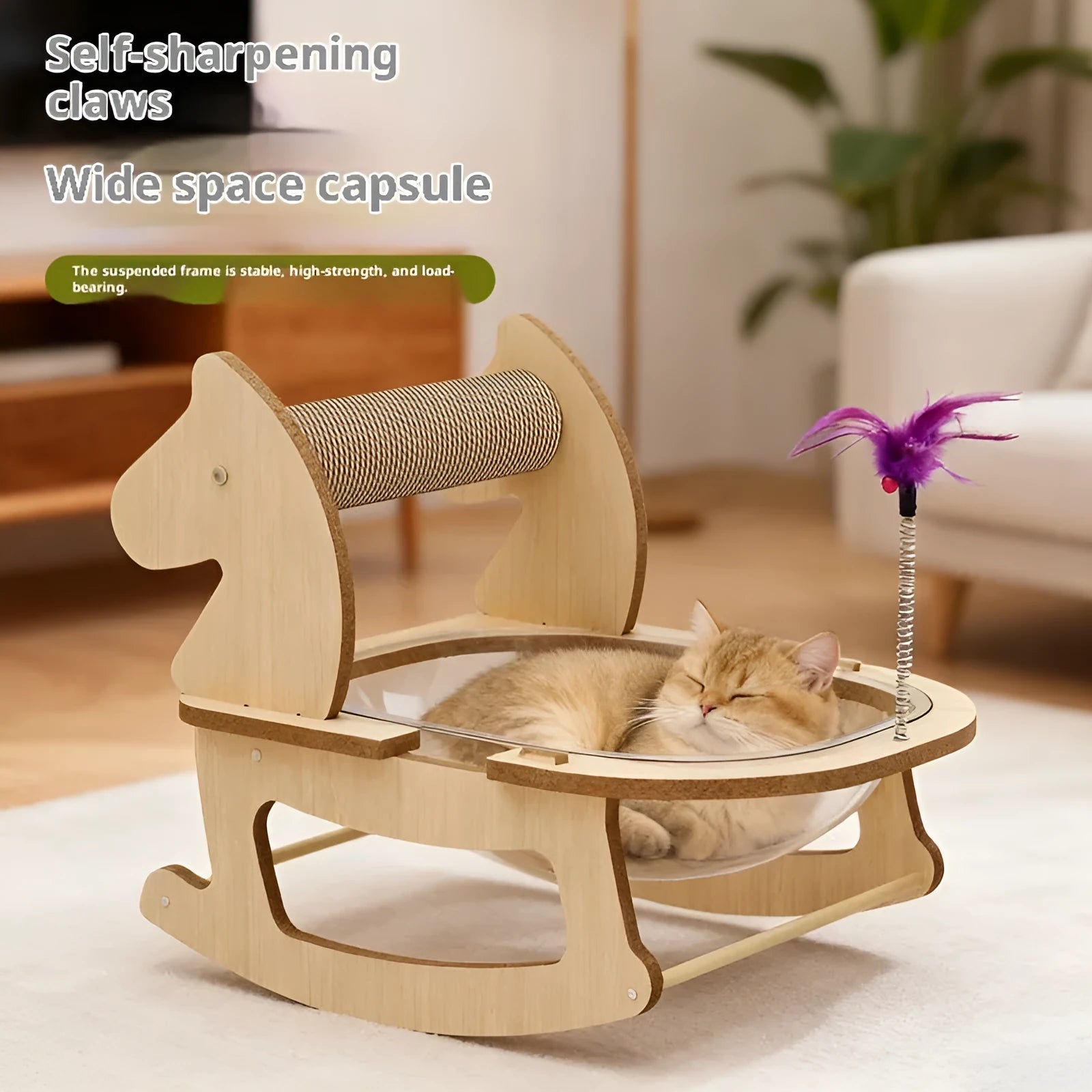 Cat bed space capsule rocking chair with hemp rope column and MDF frame showing simple style