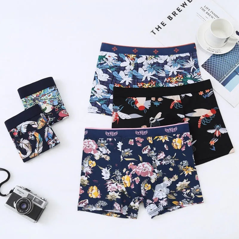 Men's cotton boxer briefs with a U-shaped front design in a floral pattern colour.