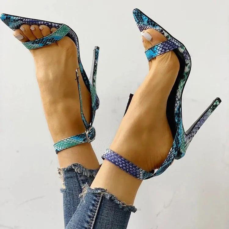 Blue artificial PU leather heel shoes with buckle closure in European sizes 34-43