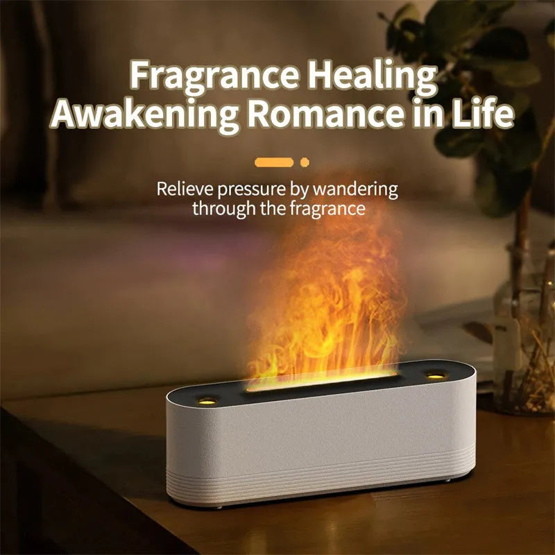 Black Flame Air ultrasonic humidifier diffuser with LED lights on a wooden table.