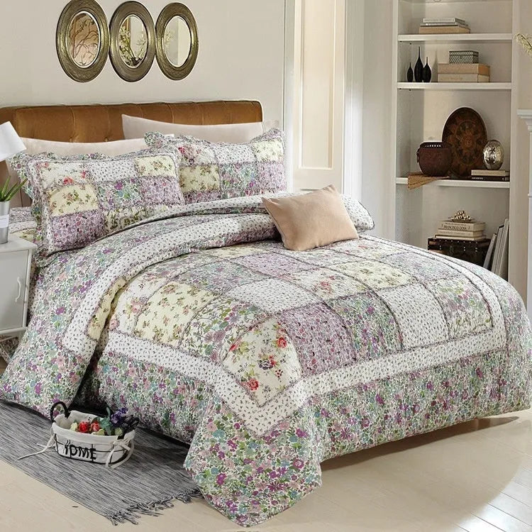 Pure cotton Korean style bedspread set with quilted texture on a bed, showing non-slip cover and matching pillowcases.