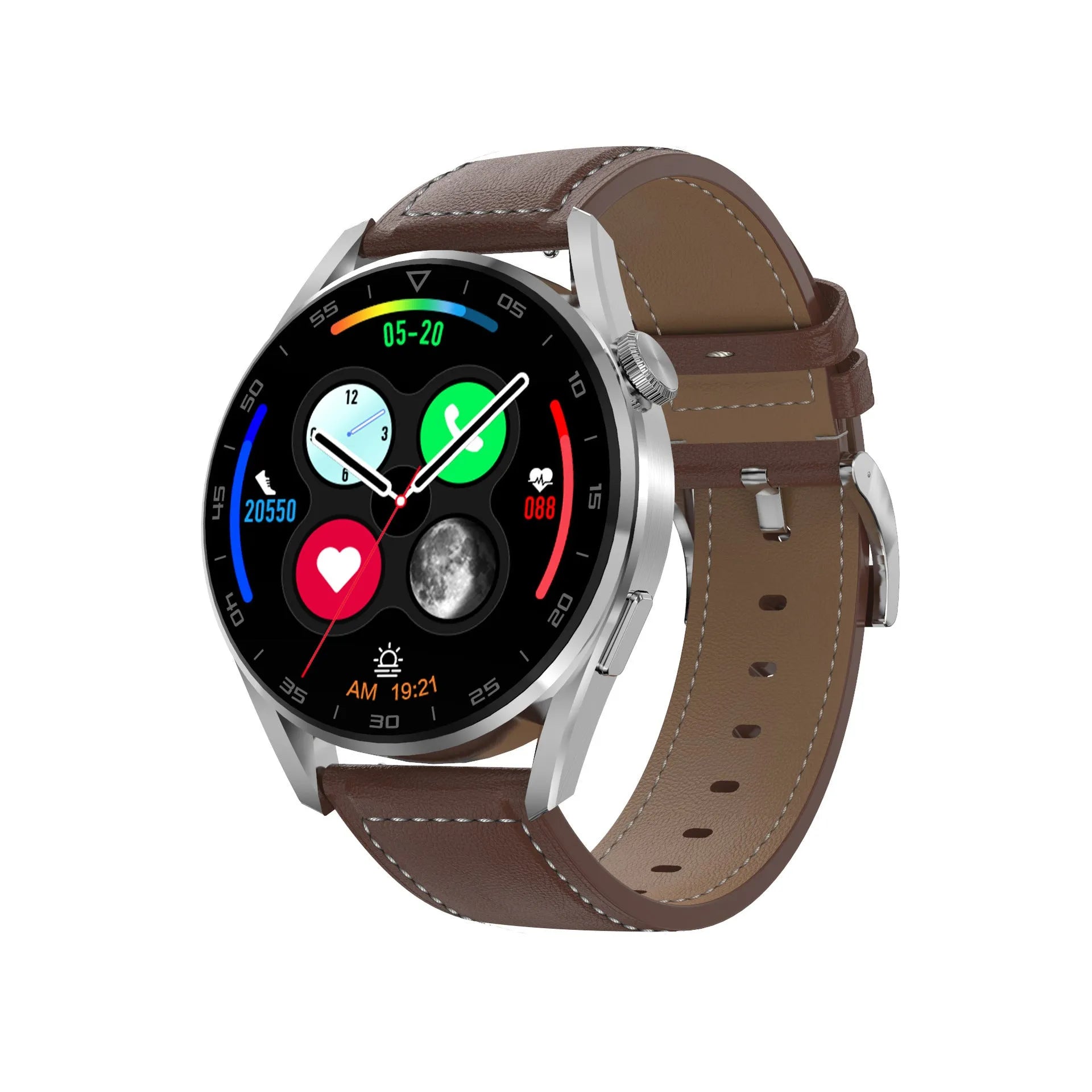 Smart watch with metal wristband and 1.3 inch touchscreen displaying call interface