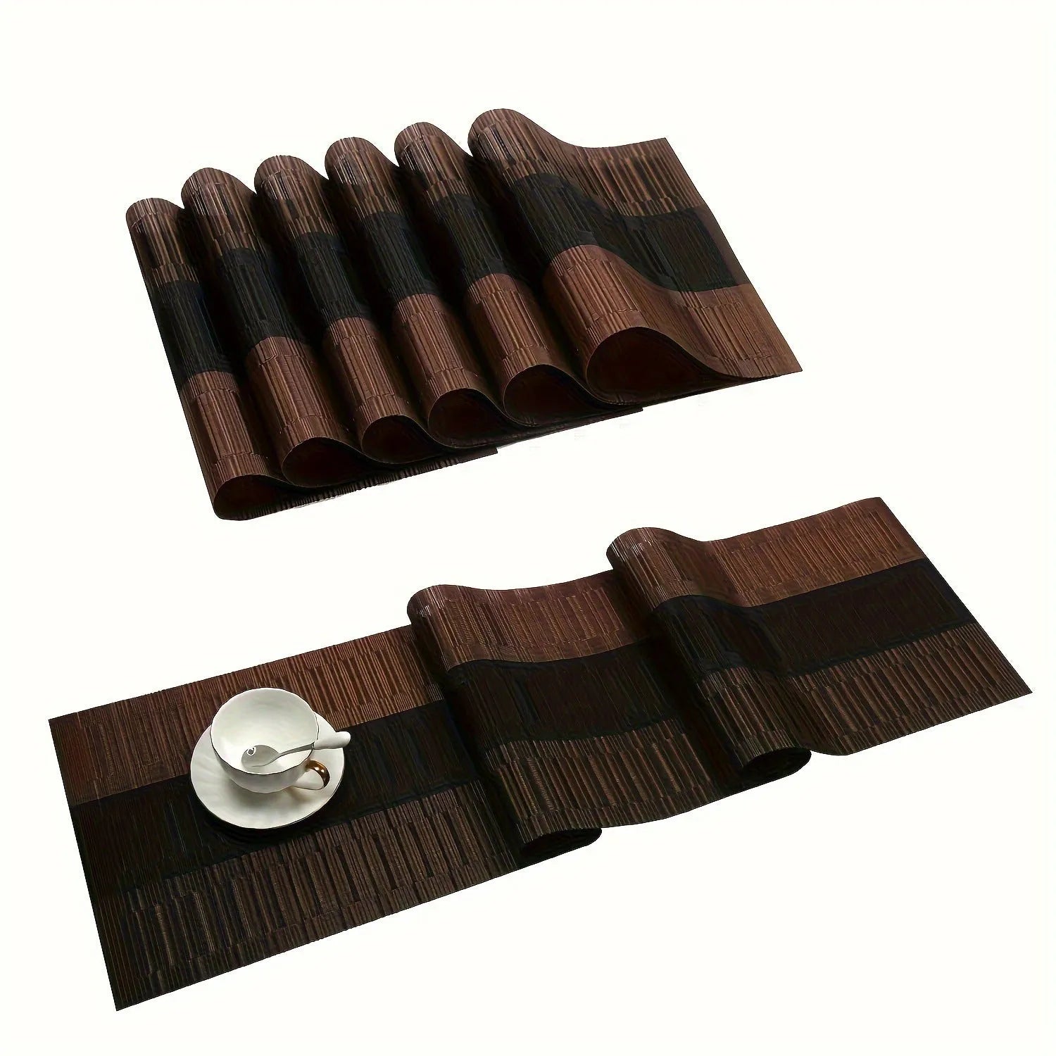 Non-slip PVC place mat in modern simple style, showing gradient bamboo black colour option on a kitchen counter.