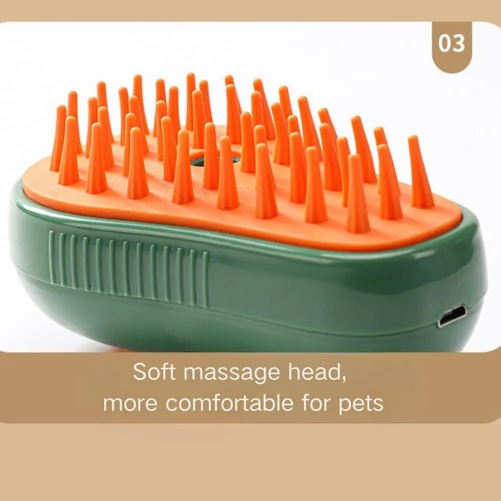 Green and white silicone cat steam brush with water spray function for pet grooming