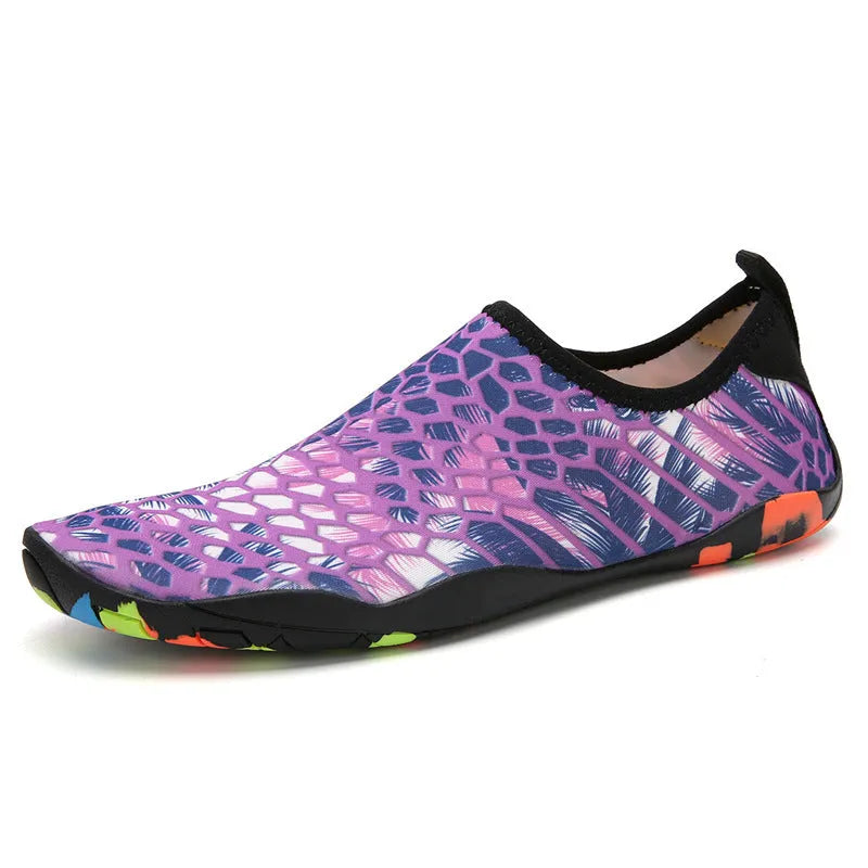 Beach wading shoes with stretch Lycra uppers and EVA midsoles in blue, black, pink, purple, and camouflage colours