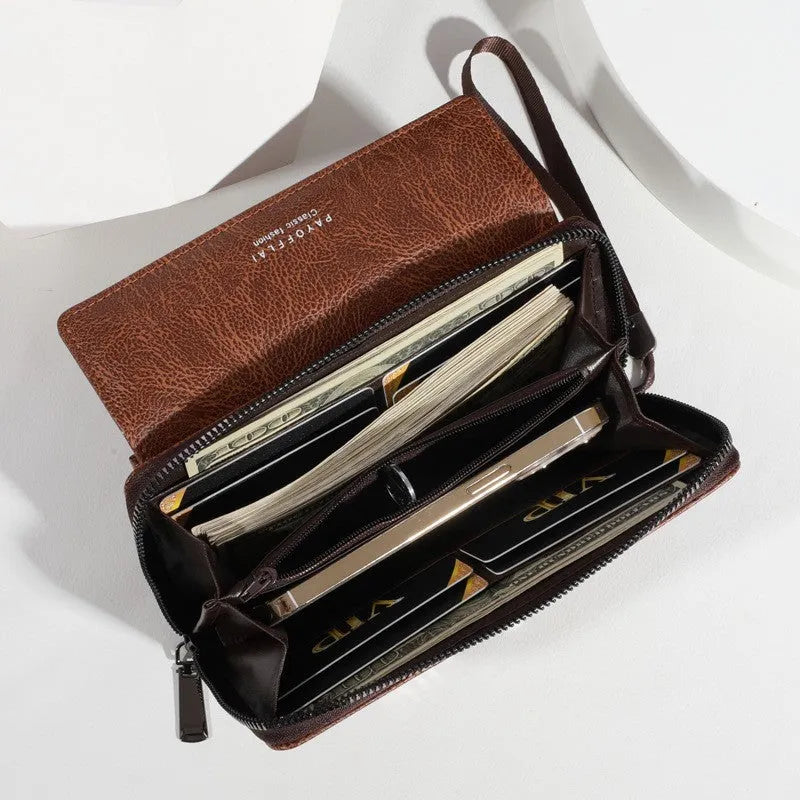 Men's black PU leather long wallet showing multiple card slots and measuring 19x10.5x4 cm