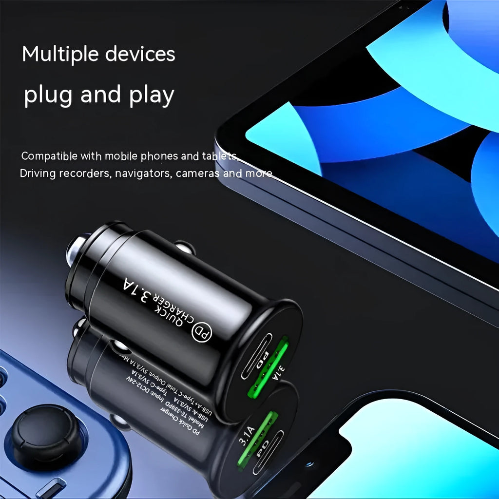Dual-port car charger converter in black or white bare metal for vehicle charging