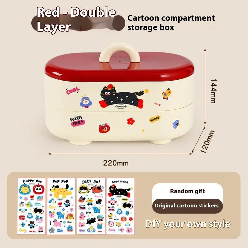 Red and brown cartoon-style plastic desktop storage organiser with grid pattern for stationery and sundries.