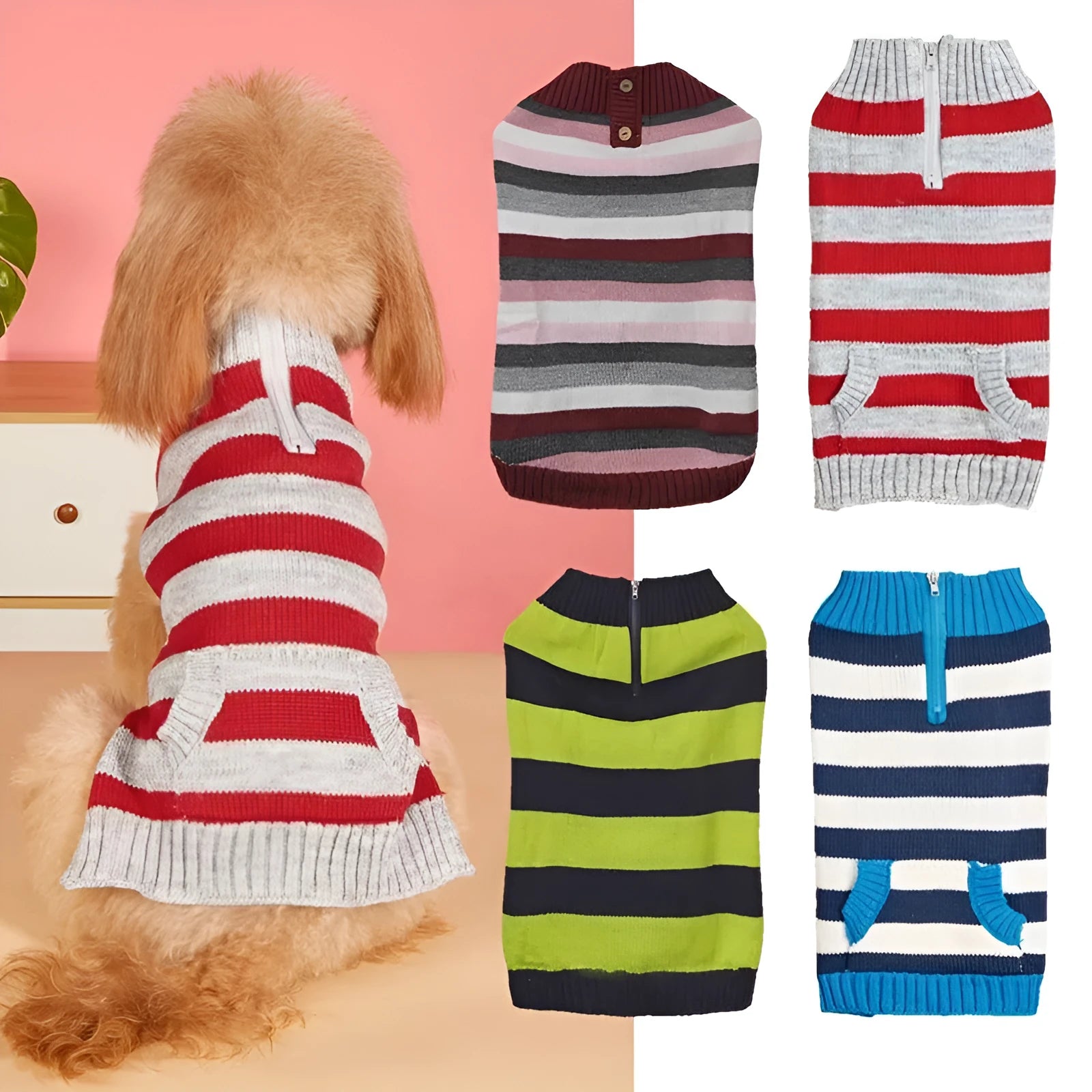 Grey dog sweater with horizontal zipper and button pocket on a small canine