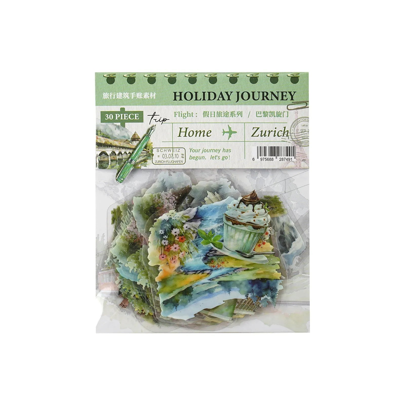 Holiday Journey Series architecture journal stickers showing six retro landmark designs