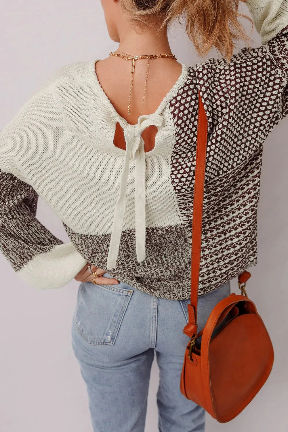 Dark khaki colour block drop shoulder sweater with back tie detail and long sleeves