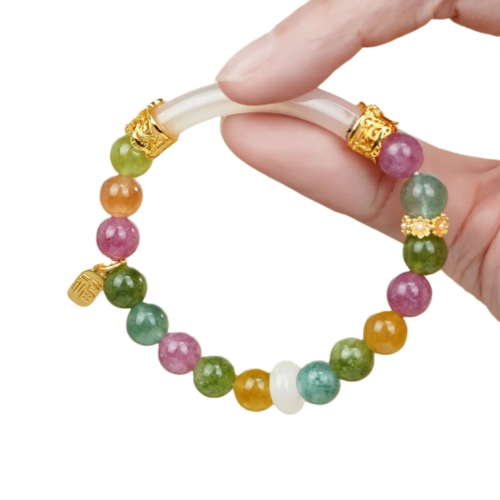 Women's tourmaline half bracelet with rainbow electroplated colour accents on natural stone beads
