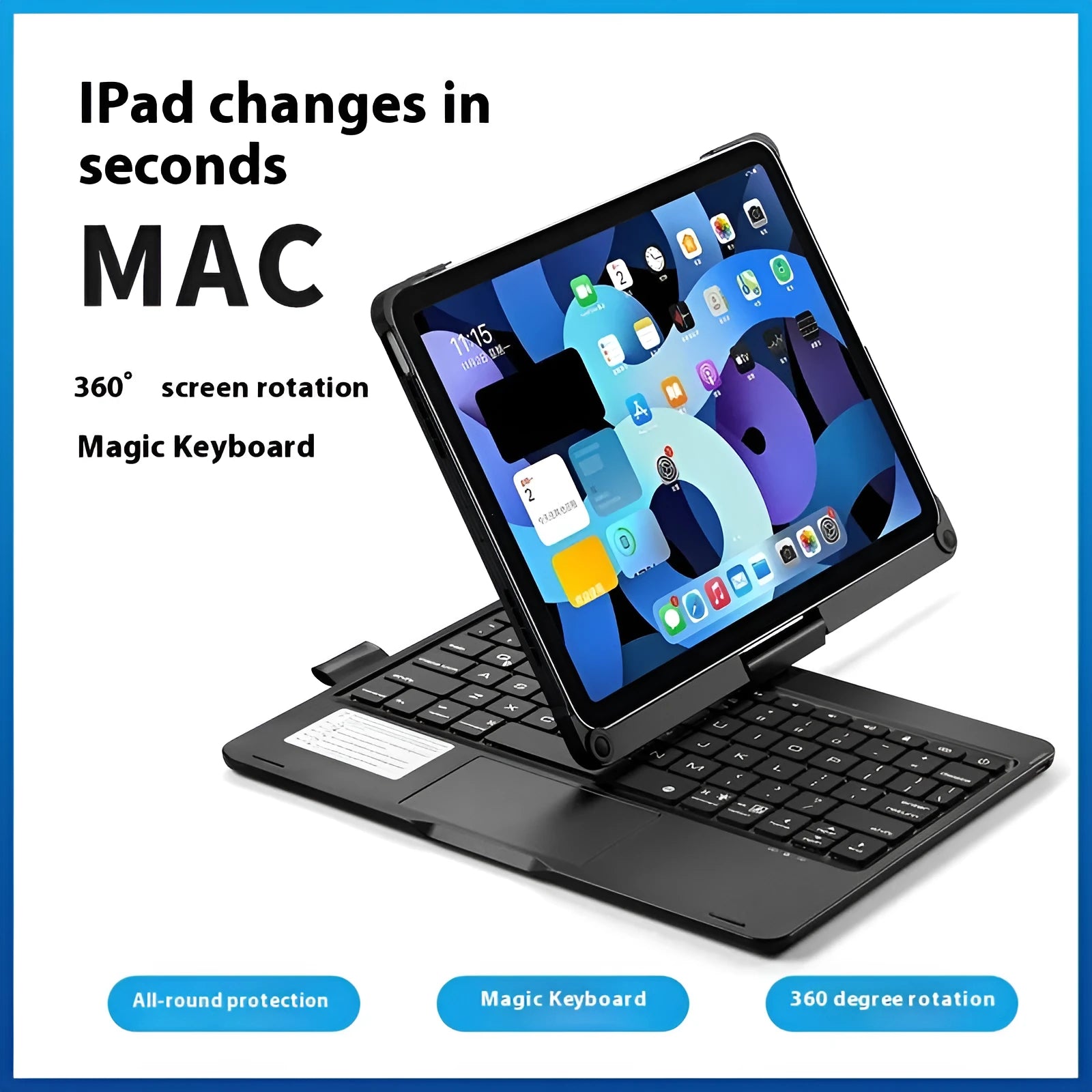 Bluetooth keyboard with rotating stand for iPad Air and iPad Pro tablets in black, rose gold or silver