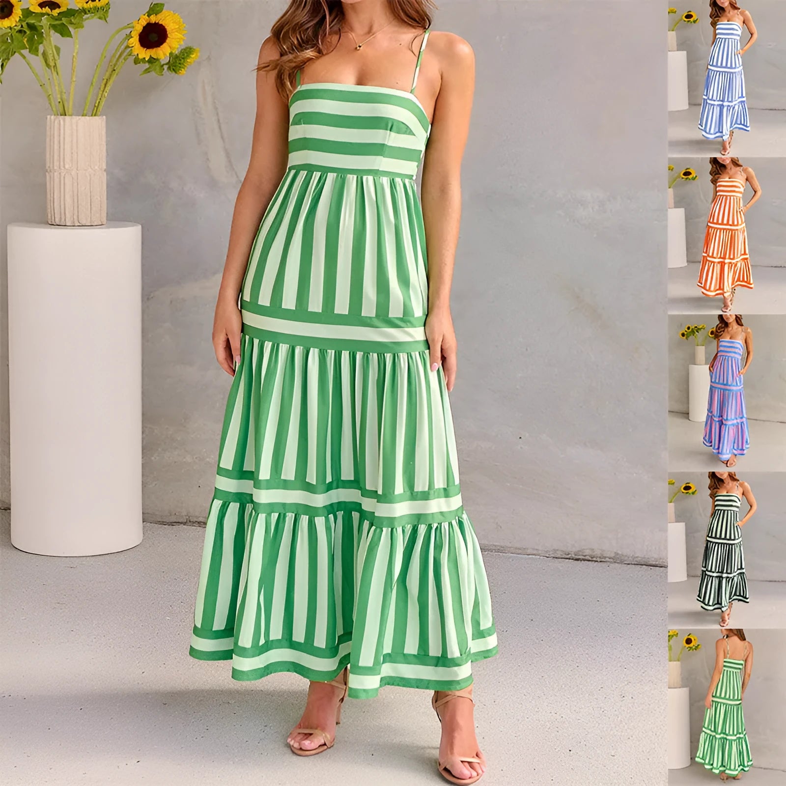 Long striped backless dress with square neck, side pockets, and adjustable suspender straps.