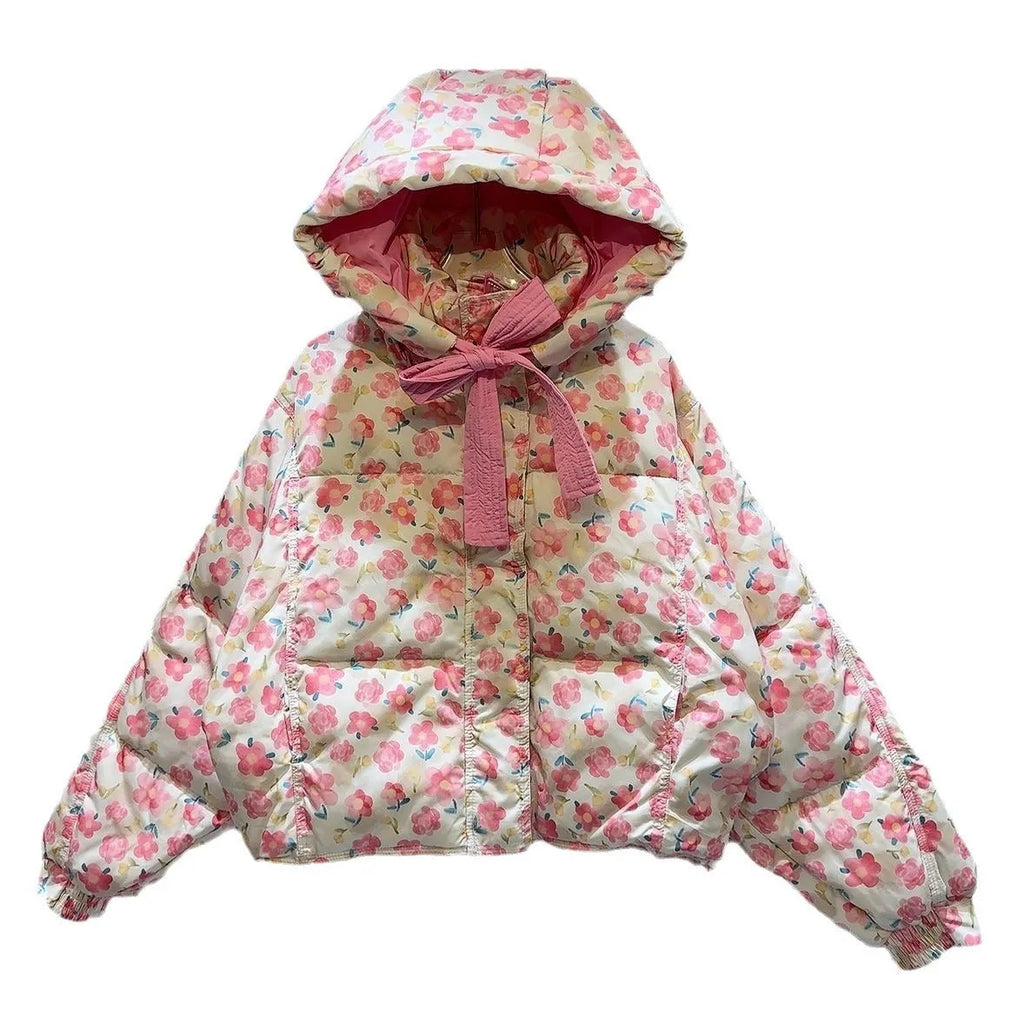 Girls' hand-painted small flower fashion cotton-padded jacket in Korean style for heights 100-170cm