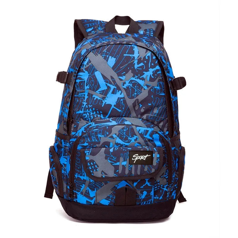 Blue and red classic nylon backpack with large capacity for school, travel, and outdoor use.