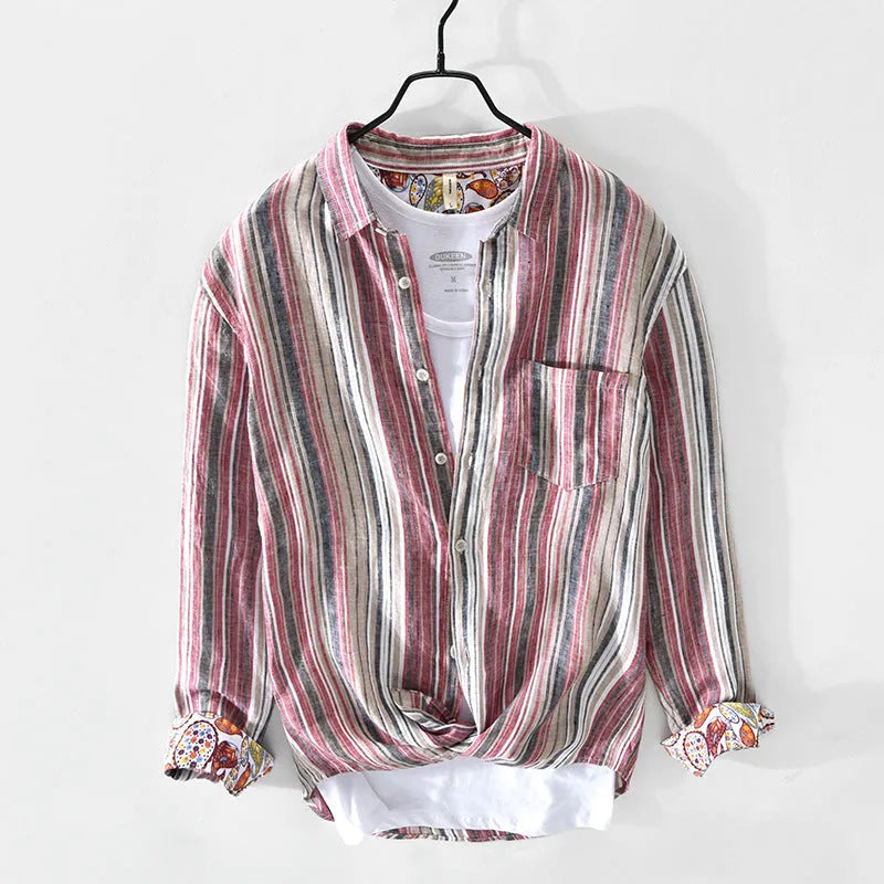 Men's striped linen casual shirt in loose fit with long sleeves, available in red and grey colours