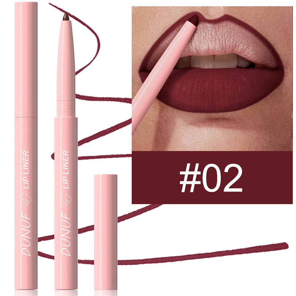 A single velvet matte lip liner pencil with 12 colour shade options shown, for precise lip definition.