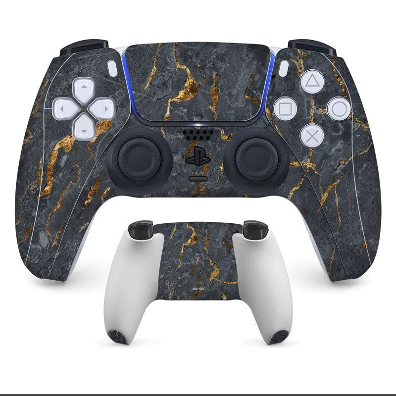 PS5 controller with anti-scratch PVC handle stickers applied, showing one of eight available design styles.